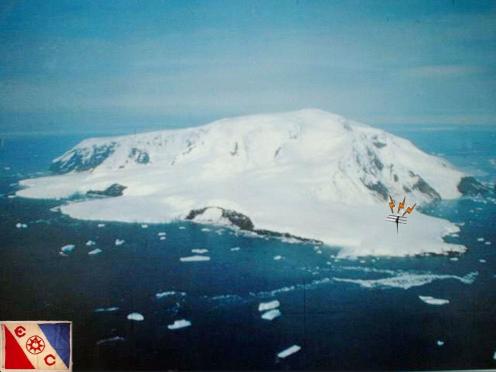 Peter I Island with the operating site indicated and The Explorer Club Flag